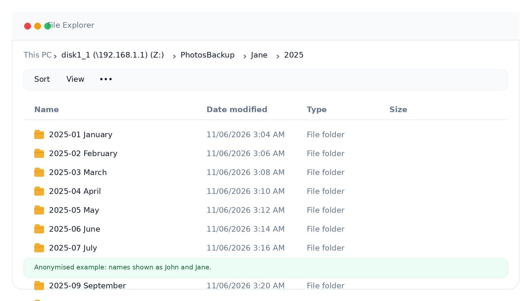 Anonymised storage folder example showing Jane's 2025 media organised into month folders