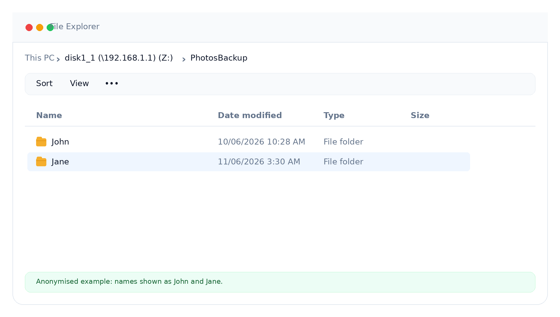 Anonymised storage example showing John and Jane folders